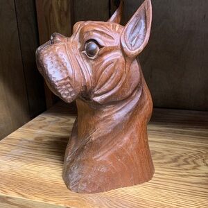 Wooden Dog Head Sculpture. Boxer or French Bulldog